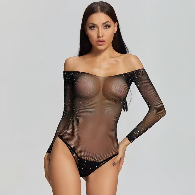 Strass-Off-Shoulder Body | Transparenter Langarm