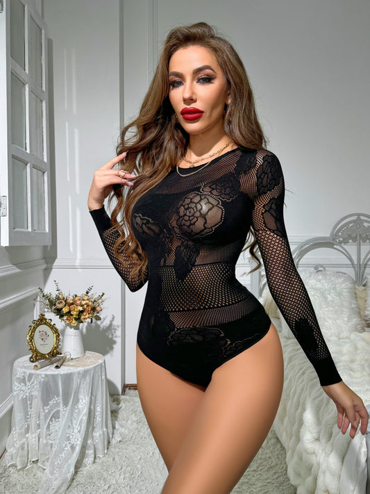 Floral-Spitzen Body | Mit Langarm & Netz