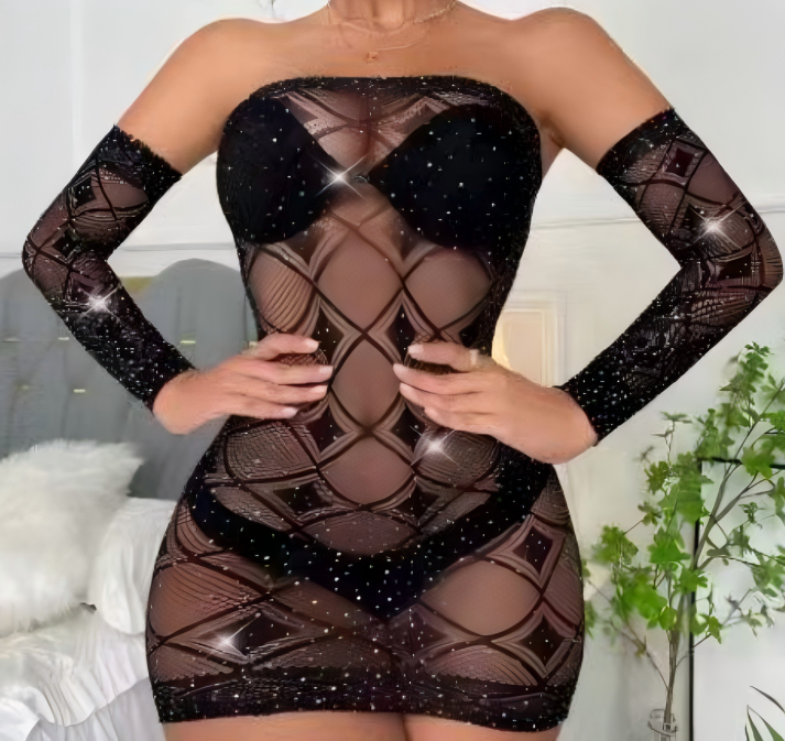 Strass-Bodycon | Mit Netz & Stulpen