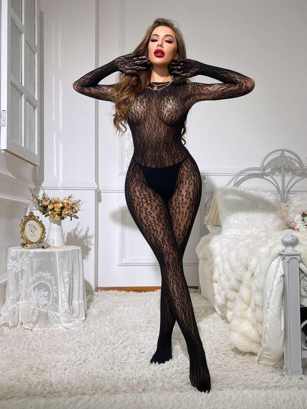 Bodystocking mit Leopardenmuster & Handschuhen | Schwarz