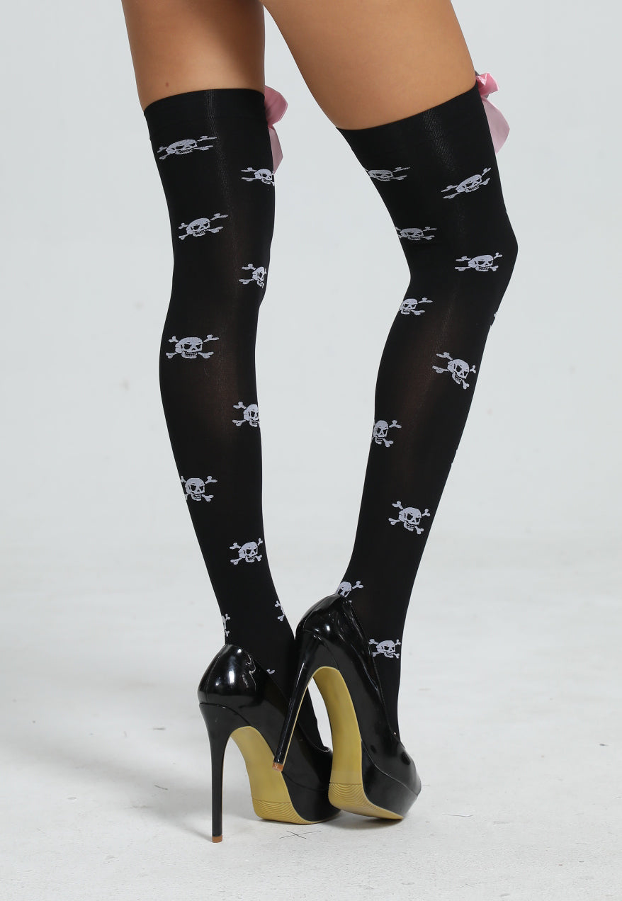 Overknee-Strümpfe mit Totenkopf-Muster | Schwarz