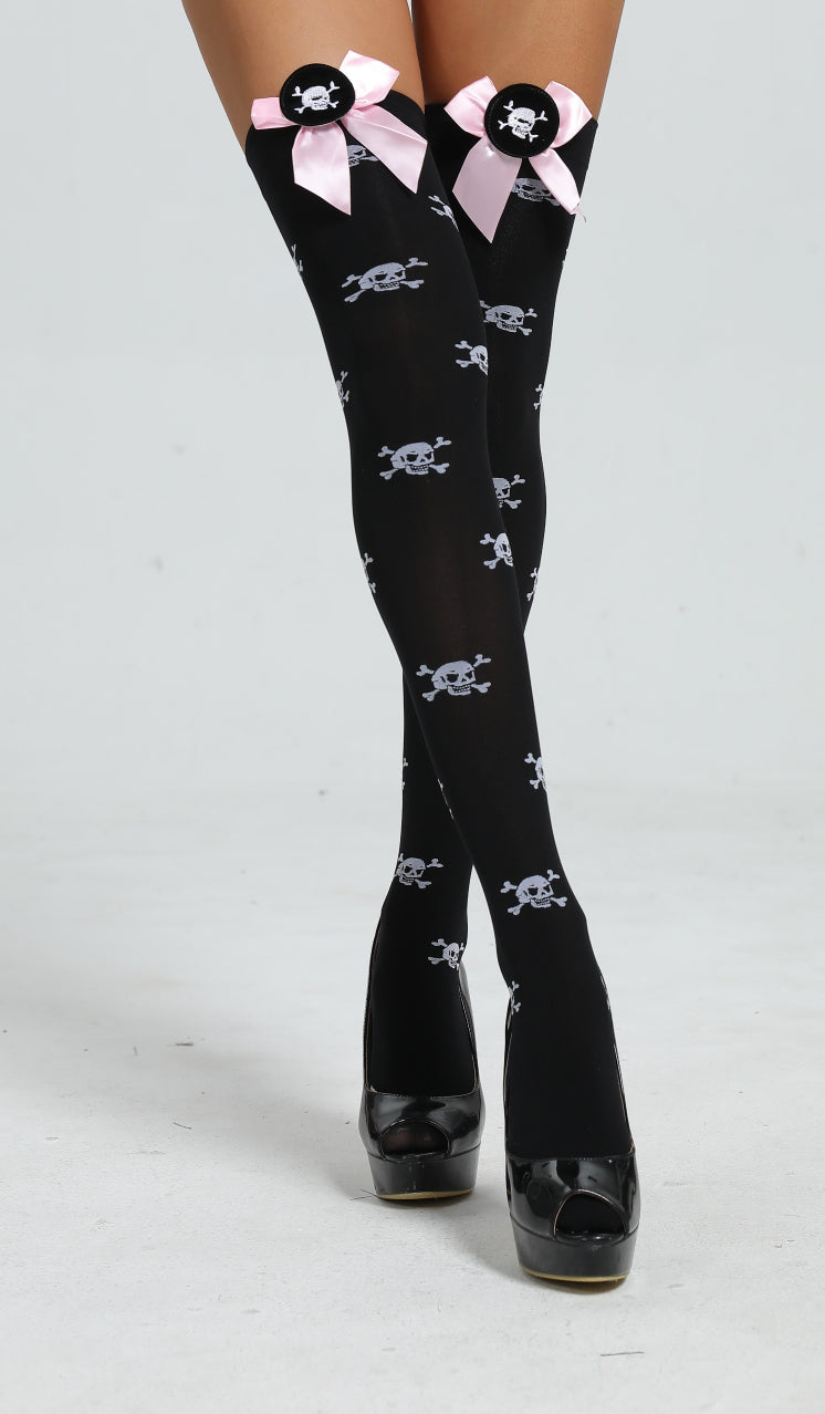 Overknee-Strümpfe mit Totenkopf-Muster | Schwarz